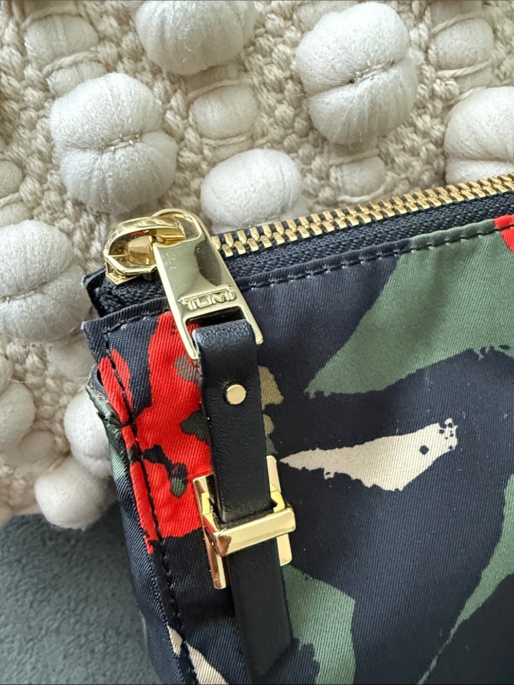 Tumi Floral Camo Nylon Cosmetic Pouch — Green, Red, Black, Tan - Picture 4 of 7